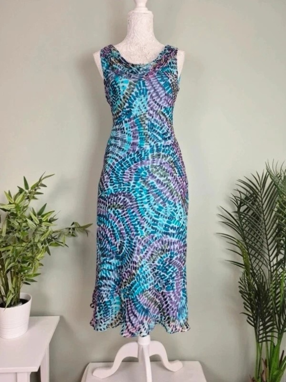 Sleeveless Turquoise & Purple Printed Maxi Dress with Cowl Neck
